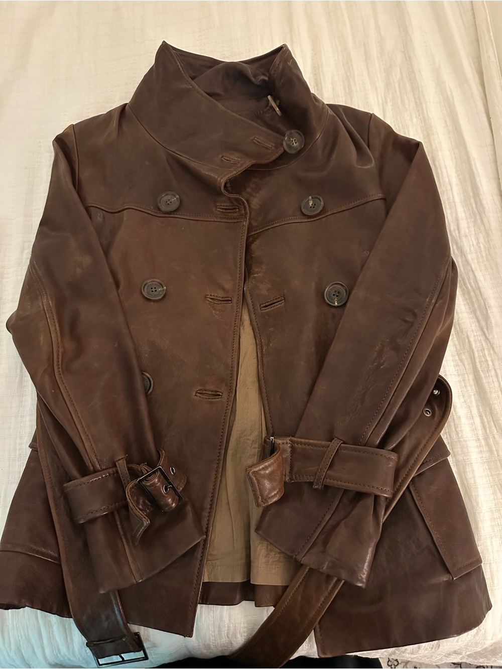Andrew Marc Brown Double-Breasted Leather Jacket with Belted Cuffs